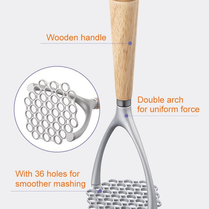 Potato Masher with Wooden Handle, Manual Potato Press for Kitchen Tool, Aluminum Alloy Potato Ricer For Fluffy Mashed Potato.