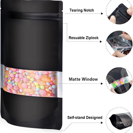 5.5"x7.8" 120pcs Mylar Bags for Food Storage,Smell Proof Bag with Matte Window Resealable Food Storage Bags for Small Business, Stand-up Foil Pouch Packaging Freeze Dried Candy Bag(Black).