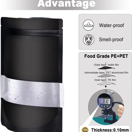 5.5"x7.8" 120pcs Mylar Bags for Food Storage,Smell Proof Bag with Matte Window Resealable Food Storage Bags for Small Business, Stand-up Foil Pouch Packaging Freeze Dried Candy Bag(Black).