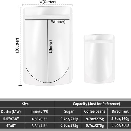 4"x6" 120pcs Mylar Bags for Food Storage,Smell Proof Bag Resealable Food Storage Bags for Small Business, Stand-up Foil Pouch Packaging Treat Snack Packing for Self Sealing (White).