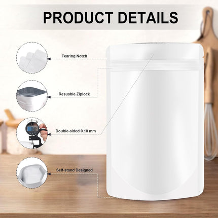 4"x6" 120pcs Mylar Bags for Food Storage,Smell Proof Bag Resealable Food Storage Bags for Small Business, Stand-up Foil Pouch Packaging Treat Snack Packing for Self Sealing (White).