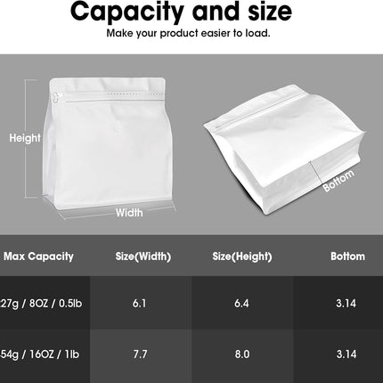 50 Count 8oz Coffee Bags with Valve,1/2 lb Vented Coffee Beans Packaging Bags High Barrier Aluminumed Foil Flat Bottom Heat Sealed Side Zipper Resealable Storage Bag for Home or Business（White）.