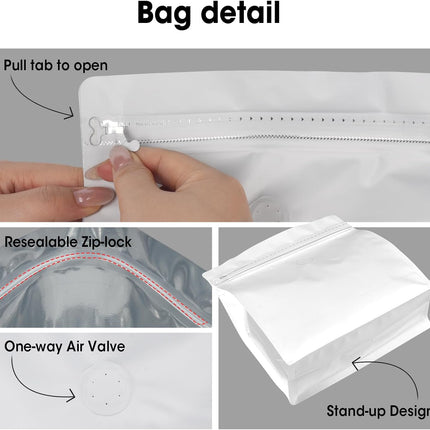 50 Count 8oz Coffee Bags with Valve,1/2 lb Vented Coffee Beans Packaging Bags High Barrier Aluminumed Foil Flat Bottom Heat Sealed Side Zipper Resealable Storage Bag for Home or Business（White）.