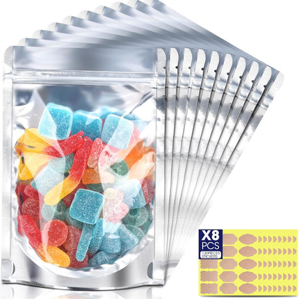 120pcs Stand Up Pouch Bags, 4" x 6" Mylar Bag for Food Storage, Clear Front with Aluminum Foil Back Resealable Food Storage Bags for Small Business Packaging Treat Snack Bag for Self Sealing.