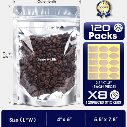 120pcs Stand Up Pouch Bags, 4" x 6" Mylar Bag for Food Storage, Clear Front with Aluminum Foil Back Resealable Food Storage Bags for Small Business Packaging Treat Snack Bag for Self Sealing.