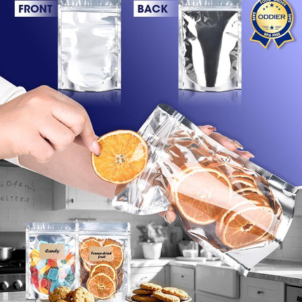 120pcs Stand Up Pouch Bags, 4" x 6" Mylar Bag for Food Storage, Clear Front with Aluminum Foil Back Resealable Food Storage Bags for Small Business Packaging Treat Snack Bag for Self Sealing.