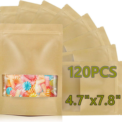 120pcs 4.7"x7.8" Kraft Bags with Window Zipper Lock Stand Up Bulk Pouches Resealable Bags, Smell Proof Mylar Bags for Food Storage, Stand-up Resealable Food Storage Bags with Clear Window.