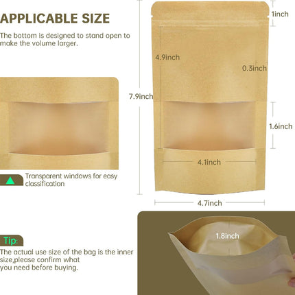120pcs 4.7"x7.8" Kraft Bags with Window Zipper Lock Stand Up Bulk Pouches Resealable Bags, Smell Proof Mylar Bags for Food Storage, Stand-up Resealable Food Storage Bags with Clear Window.