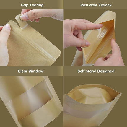 120pcs 4.7"x7.8" Kraft Bags with Window Zipper Lock Stand Up Bulk Pouches Resealable Bags, Smell Proof Mylar Bags for Food Storage, Stand-up Resealable Food Storage Bags with Clear Window.