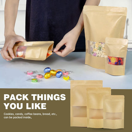 120pcs 4.7"x7.8" Kraft Bags with Window Zipper Lock Stand Up Bulk Pouches Resealable Bags, Smell Proof Mylar Bags for Food Storage, Stand-up Resealable Food Storage Bags with Clear Window.
