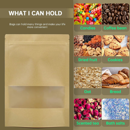 120pcs 4.7"x7.8" Kraft Bags with Window Zipper Lock Stand Up Bulk Pouches Resealable Bags, Smell Proof Mylar Bags for Food Storage, Stand-up Resealable Food Storage Bags with Clear Window.