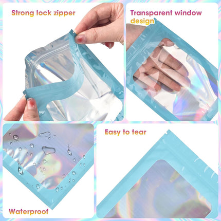 120PCS Smell Proof Mylar Bags,5.5"x7.8" Resealable Bag for Small Business,Holographic Packaging Bags with Clear Window,Foil Pouch Sample Snack Candy Jewelry Bag for Party Favors(Blue).
