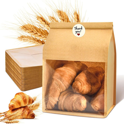 60pcs Kraft Bakery Bags with Thank You Stickers,10.5x6.2x4.7 Inches Sourdough Bread Bags with Tin Tie Tab Lock Smoother Bags with Clear Window for Homemade Bread, Baked Food Packaging Storage.