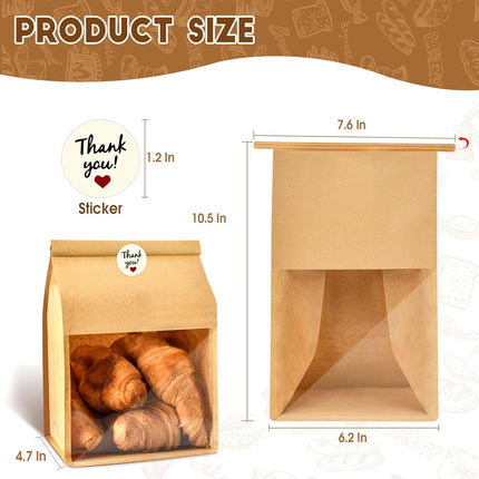 60pcs Kraft Bakery Bags with Thank You Stickers,10.5x6.2x4.7 Inches Sourdough Bread Bags with Tin Tie Tab Lock Smoother Bags with Clear Window for Homemade Bread, Baked Food Packaging Storage.