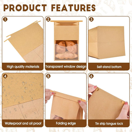 60pcs Kraft Bakery Bags with Thank You Stickers,10.5x6.2x4.7 Inches Sourdough Bread Bags with Tin Tie Tab Lock Smoother Bags with Clear Window for Homemade Bread, Baked Food Packaging Storage.