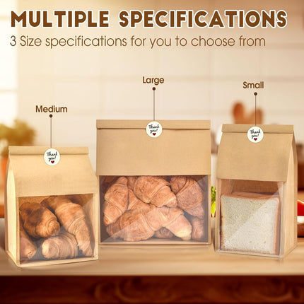 60pcs Kraft Bakery Bags with Thank You Stickers,10.5x6.2x4.7 Inches Sourdough Bread Bags with Tin Tie Tab Lock Smoother Bags with Clear Window for Homemade Bread, Baked Food Packaging Storage.