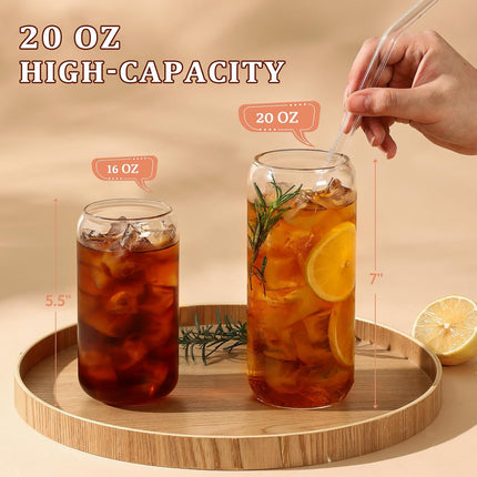 20 OZ Glass Cups with Bamboo Lids and Glass Straw - Beer Shaped Drinking Glasses Set, Iced Coffee Glasses, Cute Tumbler Cup, Aesthetic Coffee Bar Accessories, Gift - 2 Pack.