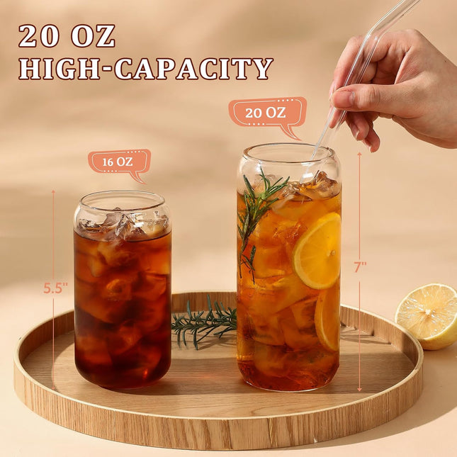 20 OZ Glass Cups with Bamboo Lids and Glass Straw - Beer Shaped Drinking Glasses Set, Iced Coffee Glasses, Cute Tumbler Cup, Aesthetic Coffee Bar Accessories, Gift - 2 Pack.