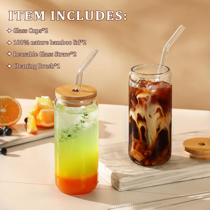 20 OZ Glass Cups with Bamboo Lids and Glass Straw - Beer Shaped Drinking Glasses Set, Iced Coffee Glasses, Cute Tumbler Cup, Aesthetic Coffee Bar Accessories, Gift - 2 Pack.