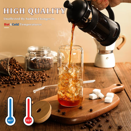 20 OZ Glass Cups with Bamboo Lids and Glass Straw - Beer Shaped Drinking Glasses Set, Iced Coffee Glasses, Cute Tumbler Cup, Aesthetic Coffee Bar Accessories, Gift - 2 Pack.