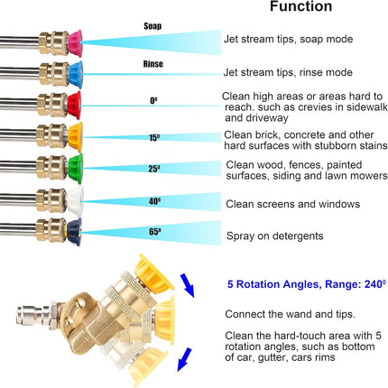 Pressure Washer Accessories Kit, 7 Power Washer Nozzle Tips, Quick Connecting Pivoting Coupler, 1/4 inch, 4500 PSI, 8-Pack.