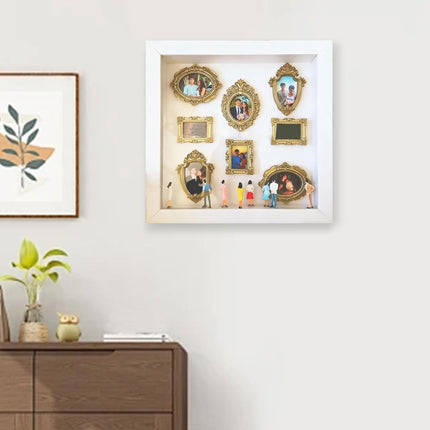 DIY Mini Museum Silhouette Box–Celebrate Your Unique Memories in Style, Personalized DIY Photo Family Memory Display Case Frame Silhouette Box with Gold Mini Frames & Figurines (White).