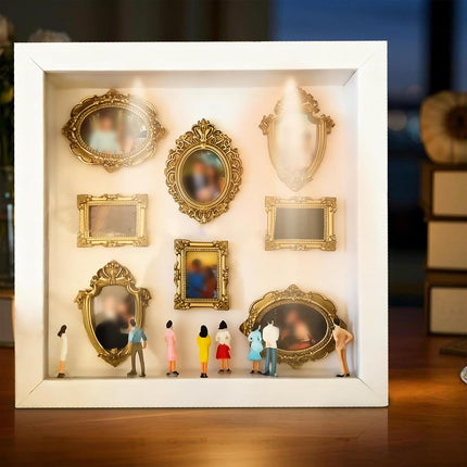 DIY Mini Museum Silhouette Box–Celebrate Your Unique Memories in Style, Personalized DIY Photo Family Memory Display Case Frame Silhouette Box with Gold Mini Frames & Figurines (White).