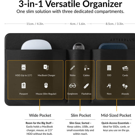 3-Pocket Storage Pouch, Adhesive Laptop Accessory Organizer, for Portable HDD, SSD, USB Drive, Mouse, Cables - Black.