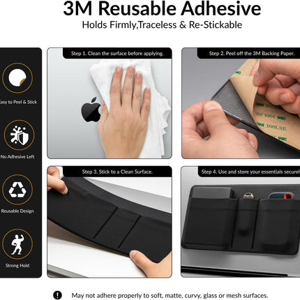3-Pocket Storage Pouch, Adhesive Laptop Accessory Organizer, for Portable HDD, SSD, USB Drive, Mouse, Cables - Black.
