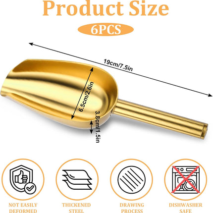 6pcs Gold Ice Scoopers for Ice Bucket, 5 Oz Candy Scoops for Candy Buffet Stainless Steel Mini Scoop Metal Food Scoops for Jars Canisters Scooping Dry Goods, Sugar, Coffee Bean, Flour, Spice.