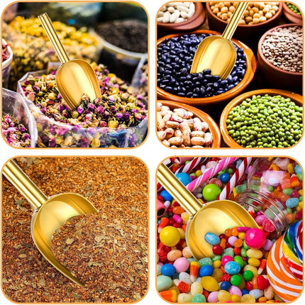 6pcs Gold Ice Scoopers for Ice Bucket, 5 Oz Candy Scoops for Candy Buffet Stainless Steel Mini Scoop Metal Food Scoops for Jars Canisters Scooping Dry Goods, Sugar, Coffee Bean, Flour, Spice.