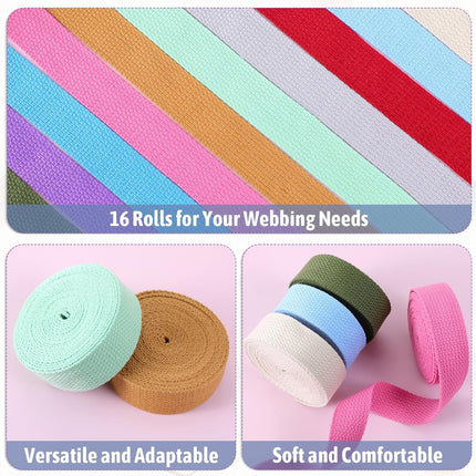 Vin Beauty 16 Rolls Cotton Webbing Strap 1 Inch Wide 3.3 Yard Polyester Webbing Straps for Bag Making Supplies, 16 Colors Nylon Twill Tape Strapping for Pets, DIY Crafts Furniture Backpack, Gardening.