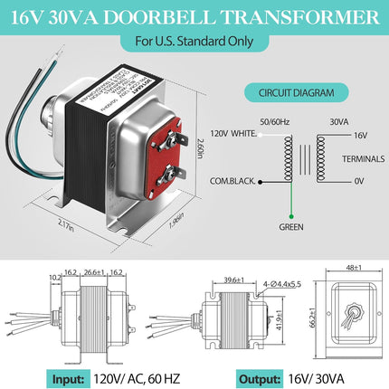 Landhoow Doorbell Transformer 16V 30VA, Hardwired Door Chime Transformer Compatible with Ring, Nest Hello Video Doorbell, 16V AC Power Supply for Thermostat, Easy to Install Door Bell Transformers.