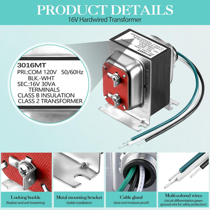 Landhoow Doorbell Transformer 16V 30VA, Hardwired Door Chime Transformer Compatible with Ring, Nest Hello Video Doorbell, 16V AC Power Supply for Thermostat, Easy to Install Door Bell Transformers.