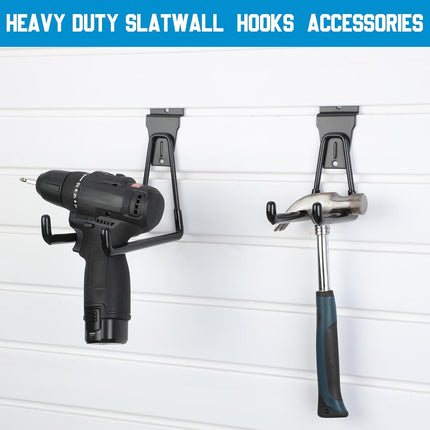 Landhoow 36 Pcs Slatwall Hooks & Hangers 32 Pcs Heavy Duty Slat Wall Hanging Hooks with 4 Pcs Storage Straps Assortment Slatwall Accessories for Storage Garage Wall Organization Garden Home (Black).