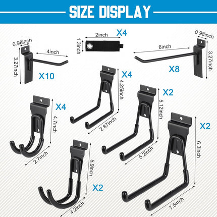 Landhoow 36 Pcs Slatwall Hooks & Hangers 32 Pcs Heavy Duty Slat Wall Hanging Hooks with 4 Pcs Storage Straps Assortment Slatwall Accessories for Storage Garage Wall Organization Garden Home (Black).