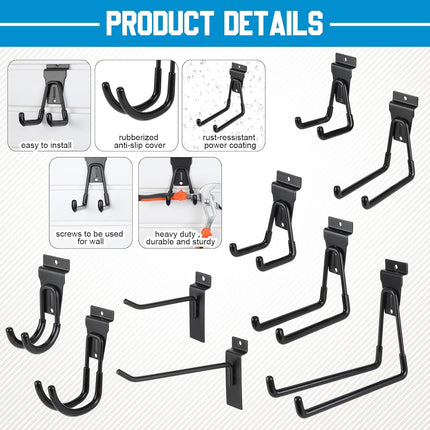 Landhoow 36 Pcs Slatwall Hooks & Hangers 32 Pcs Heavy Duty Slat Wall Hanging Hooks with 4 Pcs Storage Straps Assortment Slatwall Accessories for Storage Garage Wall Organization Garden Home (Black).