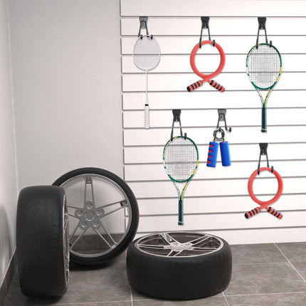 Landhoow 36 Pcs Slatwall Hooks & Hangers 32 Pcs Heavy Duty Slat Wall Hanging Hooks with 4 Pcs Storage Straps Assortment Slatwall Accessories for Storage Garage Wall Organization Garden Home (Black).