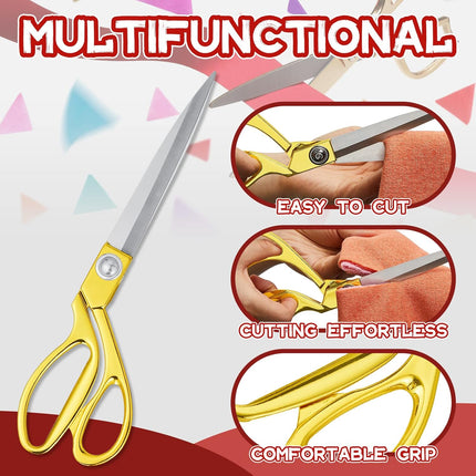 Amylove 3 Pcs Ribbon Cutting Scissors Metal Heavy Duty Stainless Steel Fabric Tailor for Ceremony Events Inaugurations Dressmaking Sewing Plastic Cardboard, 10.43 x 2.76 Inch (Style1,Gold).