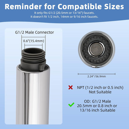 Pull Out Sink Sprayer Head Replacement, 2 Function Kitchen Sink Faucet Head, G1/2 or 13/16 Inch Thread Faucet Head Kitchen Tap Sprayer Spout, Chrome.