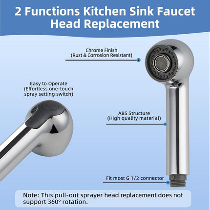 Pull Out Sink Sprayer Head Replacement, 2 Function Kitchen Sink Faucet Head, G1/2 or 13/16 Inch Thread Faucet Head Kitchen Tap Sprayer Spout, Chrome.