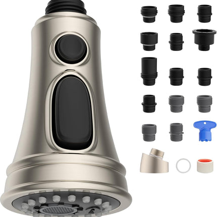 Kitchen Faucet Head Replacement, NSF/ANSI/CAN 61 & CUPC Certified, 3 Function Pull Down Faucet Spray Nozzle-15 Adapters Compatible with Moen, American Standard, Delta, Kohler - Brushed Nickel.