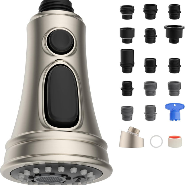 Kitchen Faucet Head Replacement, NSF/ANSI/CAN 61 & CUPC Certified, 3 Function Pull Down Faucet Spray Nozzle-15 Adapters Compatible with Moen, American Standard, Delta, Kohler - Brushed Nickel.