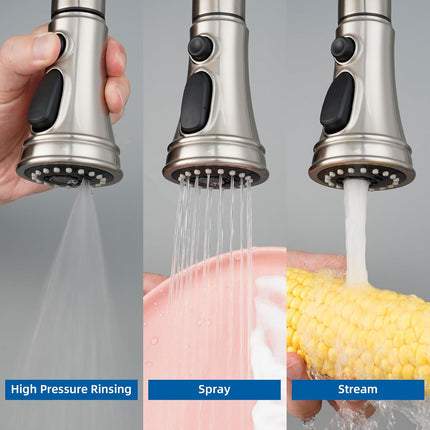 Kitchen Faucet Head Replacement, NSF/ANSI/CAN 61 & CUPC Certified, 3 Function Pull Down Faucet Spray Nozzle-15 Adapters Compatible with Moen, American Standard, Delta, Kohler - Brushed Nickel.