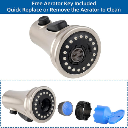 Kitchen Faucet Head Replacement, NSF/ANSI/CAN 61 & CUPC Certified, 3 Function Pull Down Faucet Spray Nozzle-15 Adapters Compatible with Moen, American Standard, Delta, Kohler - Brushed Nickel.
