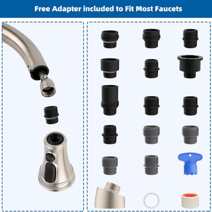 Kitchen Faucet Head Replacement, NSF/ANSI/CAN 61 & CUPC Certified, 3 Function Pull Down Faucet Spray Nozzle-15 Adapters Compatible with Moen, American Standard, Delta, Kohler - Brushed Nickel.