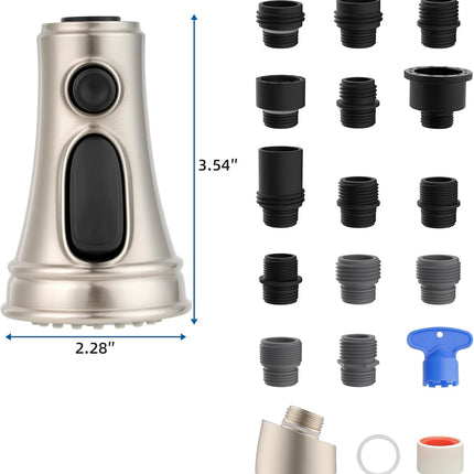 Kitchen Faucet Head Replacement, NSF/ANSI/CAN 61 & CUPC Certified, 3 Function Pull Down Faucet Spray Nozzle-15 Adapters Compatible with Moen, American Standard, Delta, Kohler - Brushed Nickel.