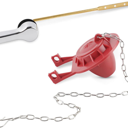 Universal Front Mount Toilet Handle Replacement Kit with 2-inch Universal Toilet Flapper, Stainless Steel Flapper Chains, Chrome Finish Toilet Trip Lever and Red Toilet Flapper Replacement Kit.