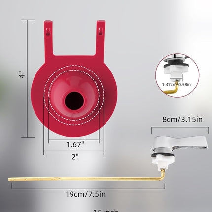 Universal Front Mount Toilet Handle Replacement Kit with 2-inch Universal Toilet Flapper, Stainless Steel Flapper Chains, Chrome Finish Toilet Trip Lever and Red Toilet Flapper Replacement Kit.