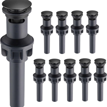 10 Pack Universal Bathroom Sink Drain Stopper, Pop Up Drain Strainer with Overflow, Push and Seal Sink Plug with Basket for Lavatory Vanity Vessel, Anti-Clogging Strainer, Matte Black.